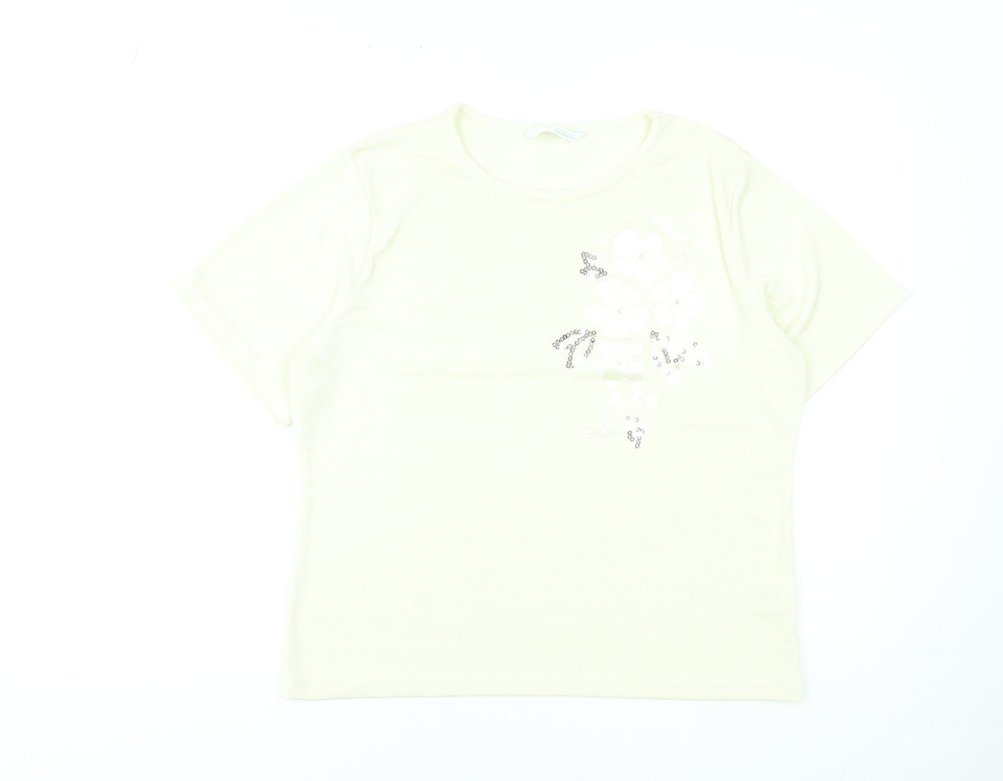Amaranto Womens Ivory Floral Sequin Short Sleeve T-Shirt Size 18