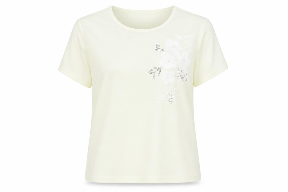 Amaranto Womens Ivory Floral Sequin Short Sleeve T-Shirt Size 18