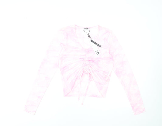 Noisy May Womens Pink Cropped Long Sleeve V-Neck Stretch Top S