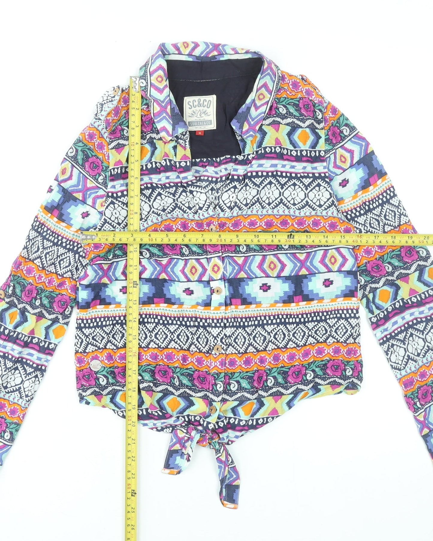 SoulCal & Co Womens Multicoloured Aztec Cropped Button-Up Shirt Size 10