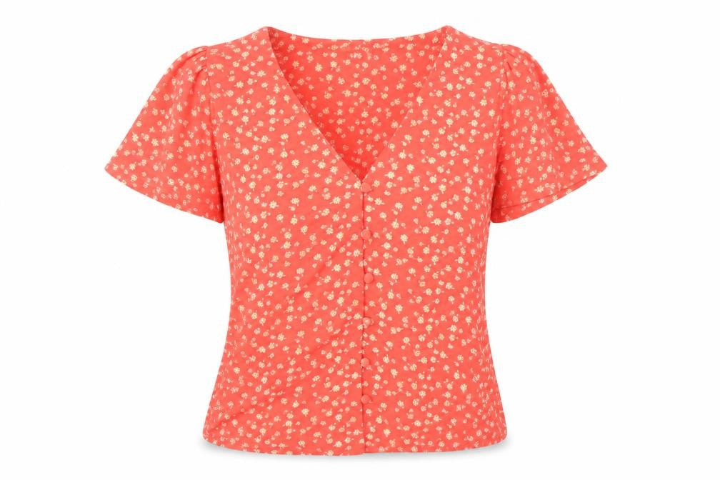 Oasis Women Red Floral Button-Up Blouse XS V-Neck Short Sleeve