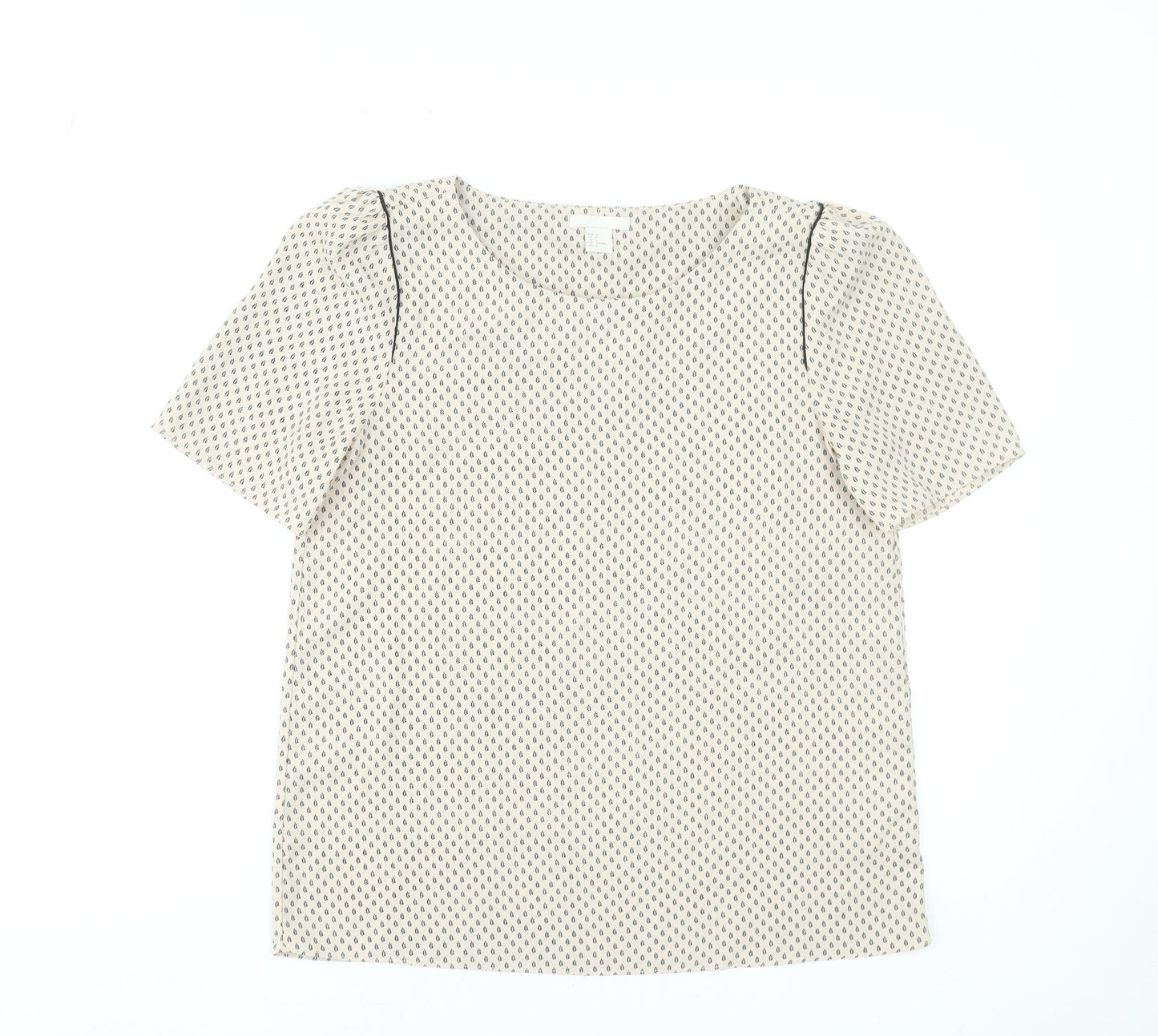 H&M Women Beige Geometric Short Sleeve Blouse Size 10