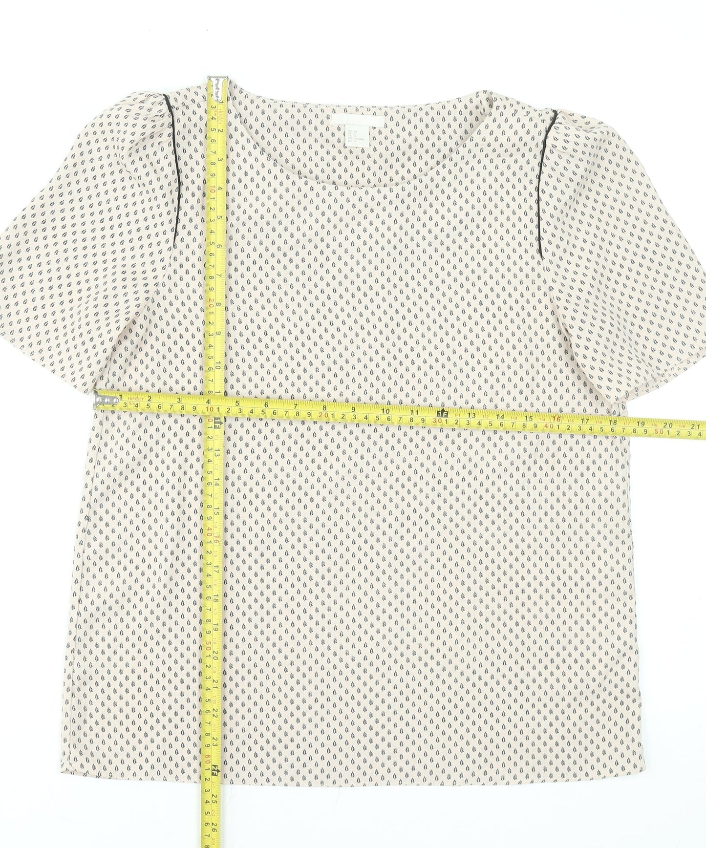 H&M Women Beige Geometric Short Sleeve Blouse Size 10