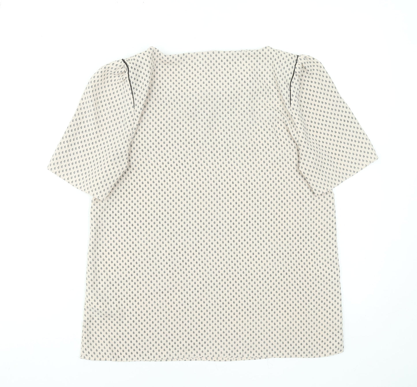 H&M Women Beige Geometric Short Sleeve Blouse Size 10