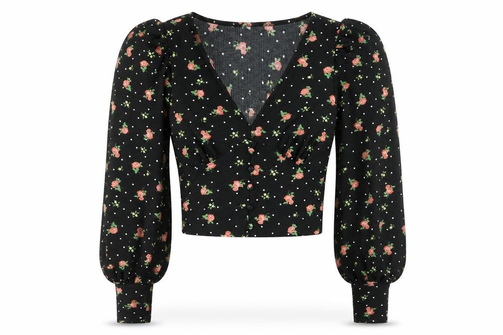 Miss Selfridge Women Black Floral V-Neck Cropped Blouse UK 4