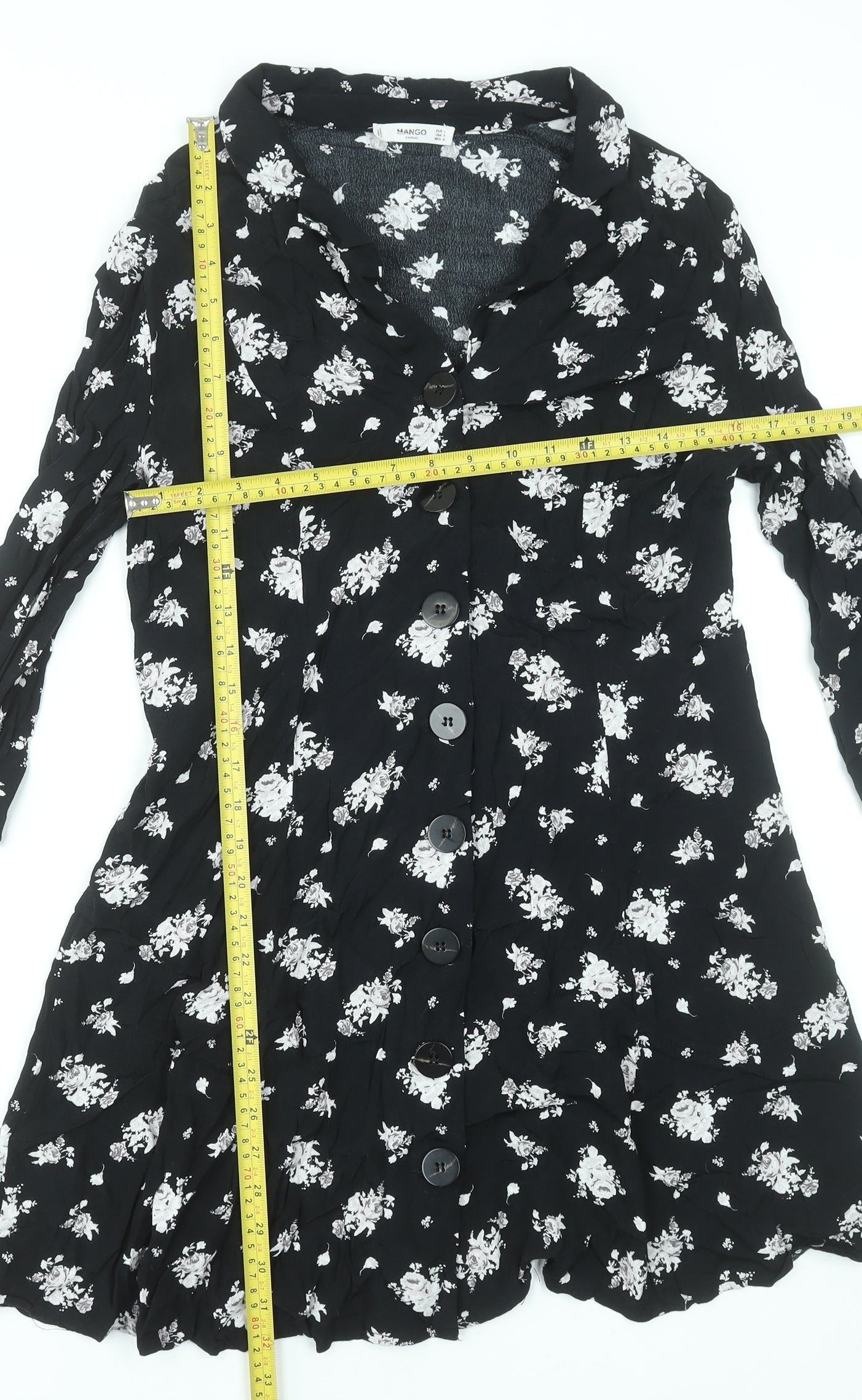 Mango Women Black Floral Button Front Shirt Dress Size 14