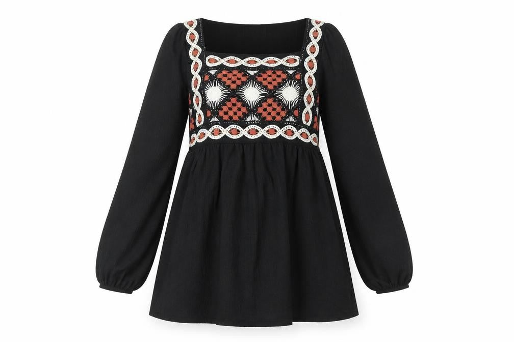 ASOS Design Women Black Size 8 Bohemian Embroidered Long Sleeve Short Dress