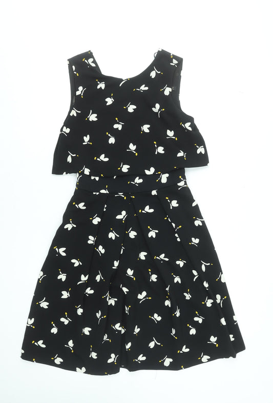 Zara Women Black Floral A-Line Sleeveless Knee Length Dress Size S