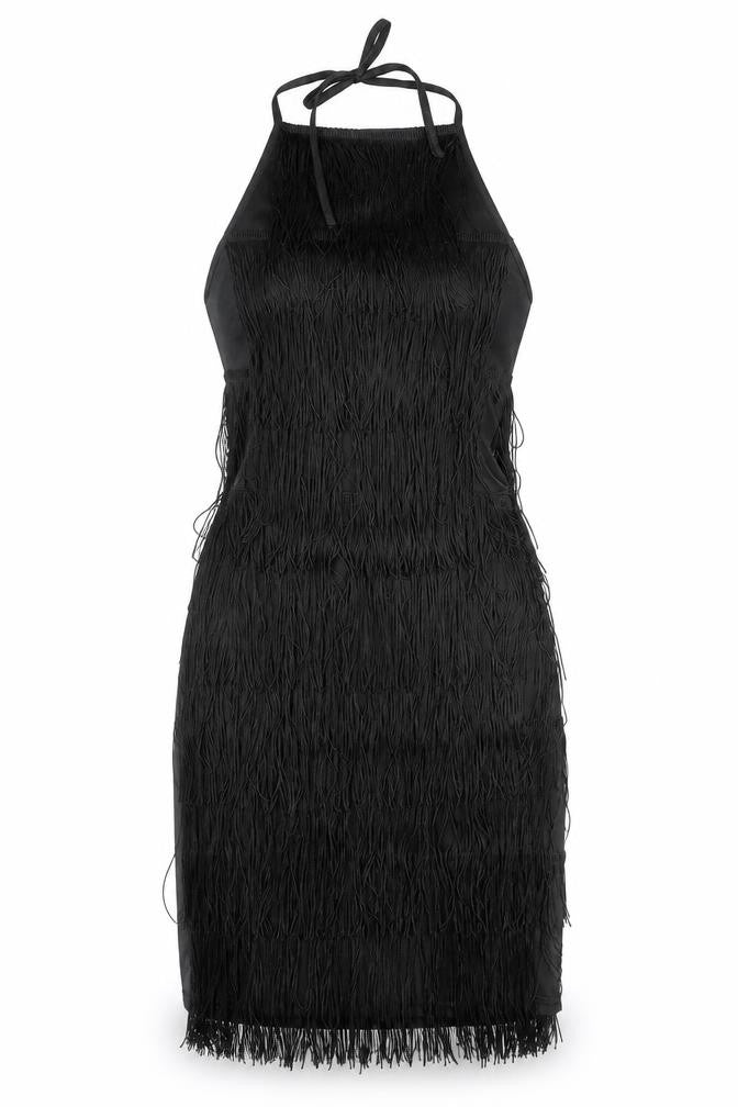 PRETTYLITTLETHING Women’s Black Halter Fringe Bodycon Party Dress Size 8
