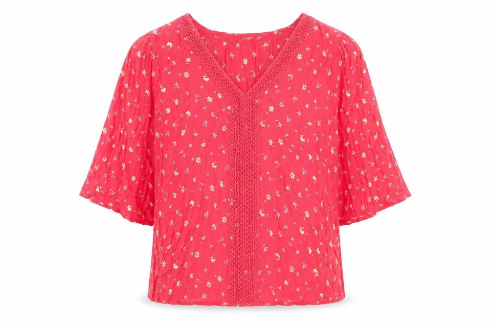 Monsoon Women Red Floral Crochet Tunic Blouse L 3/4 Sleeve Viscose