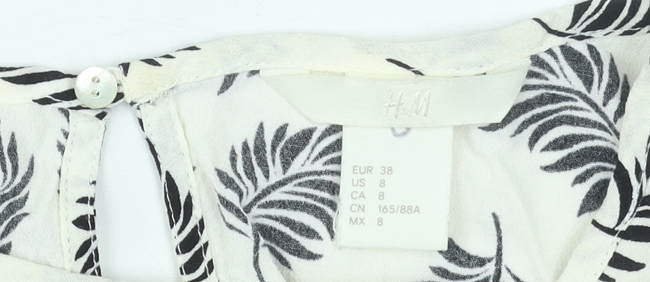 H&M Women’s White Floral Viscose Blouse Size 10 Short Sleeve