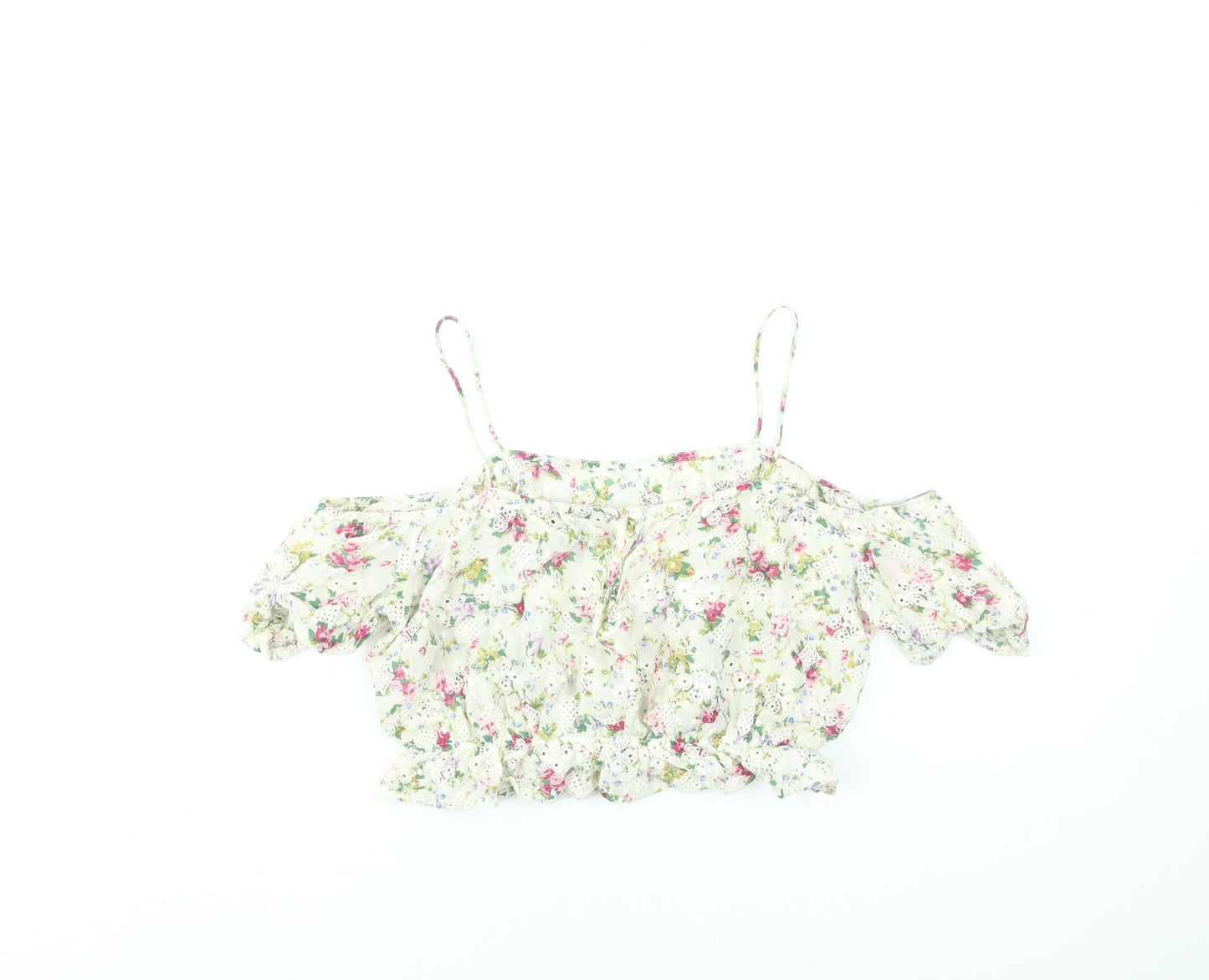 Topshop Women’s Multicoloured Floral Cotton Off Shoulder Crop Blouse Size 8