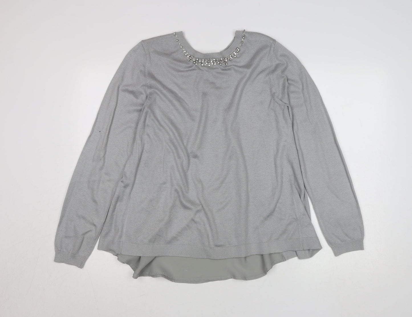 Oasis Women Grey Beaded Crew Neck Long Sleeve Knit Blouse L