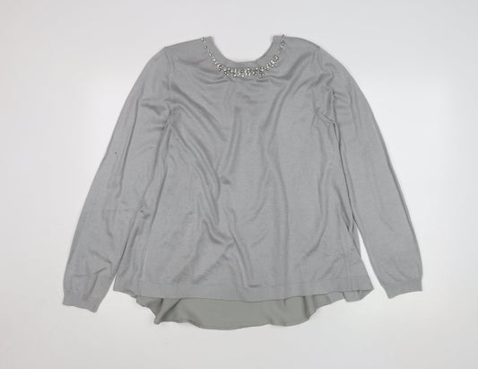 Oasis Women Grey Beaded Crew Neck Long Sleeve Knit Blouse L