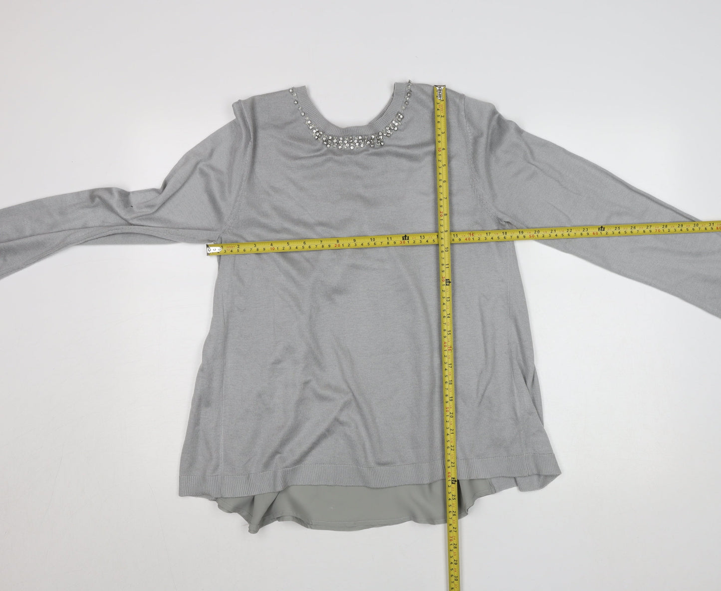 Oasis Women Grey Beaded Crew Neck Long Sleeve Knit Blouse L