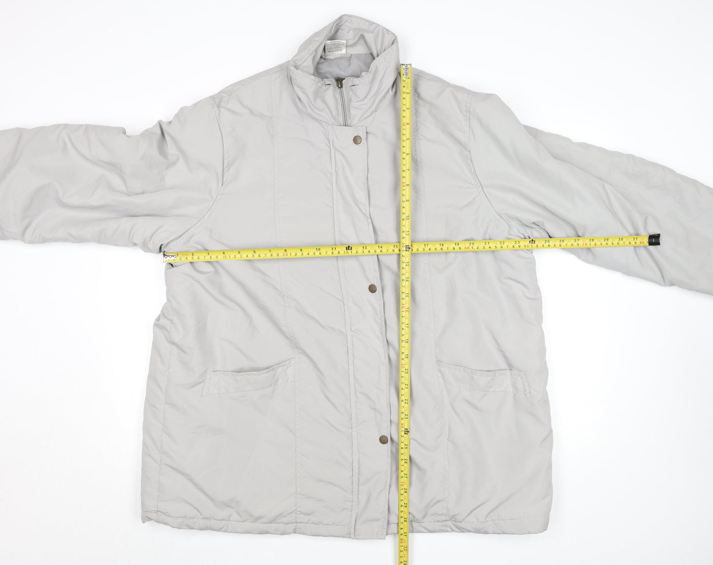 Women's Grey Puffer Coat Lined Zip Button Mid-Length Jacket L