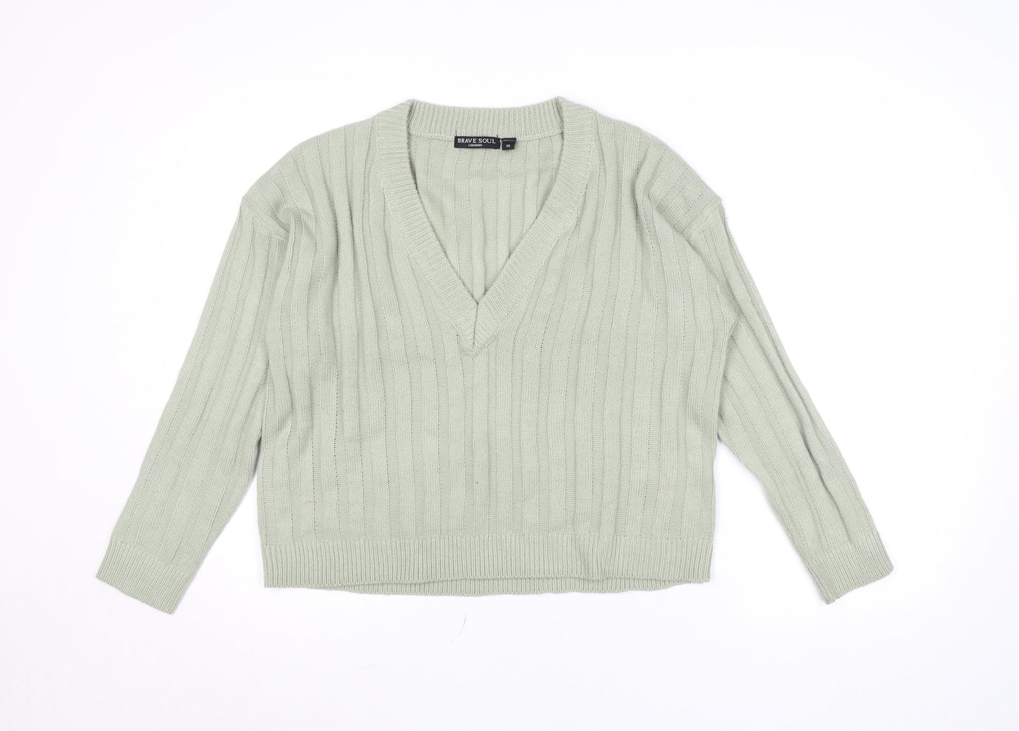 Brave Soul Women’s Green V-Neck Long Sleeve Acrylic Jumper Size 14