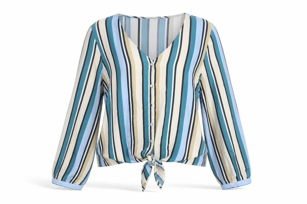Primark Womens Multicoloured Striped V-Neck Long Sleeve Tie Front Blouse Size 10