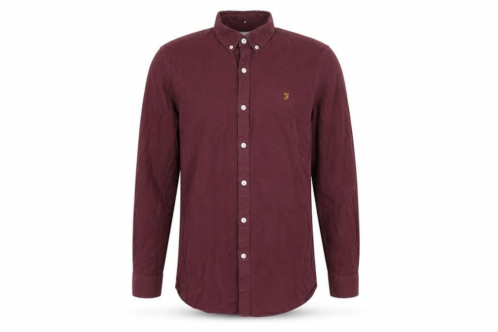 Farah Men's Burgundy Slim Fit Button-Up Cotton Long Sleeve Shirt M