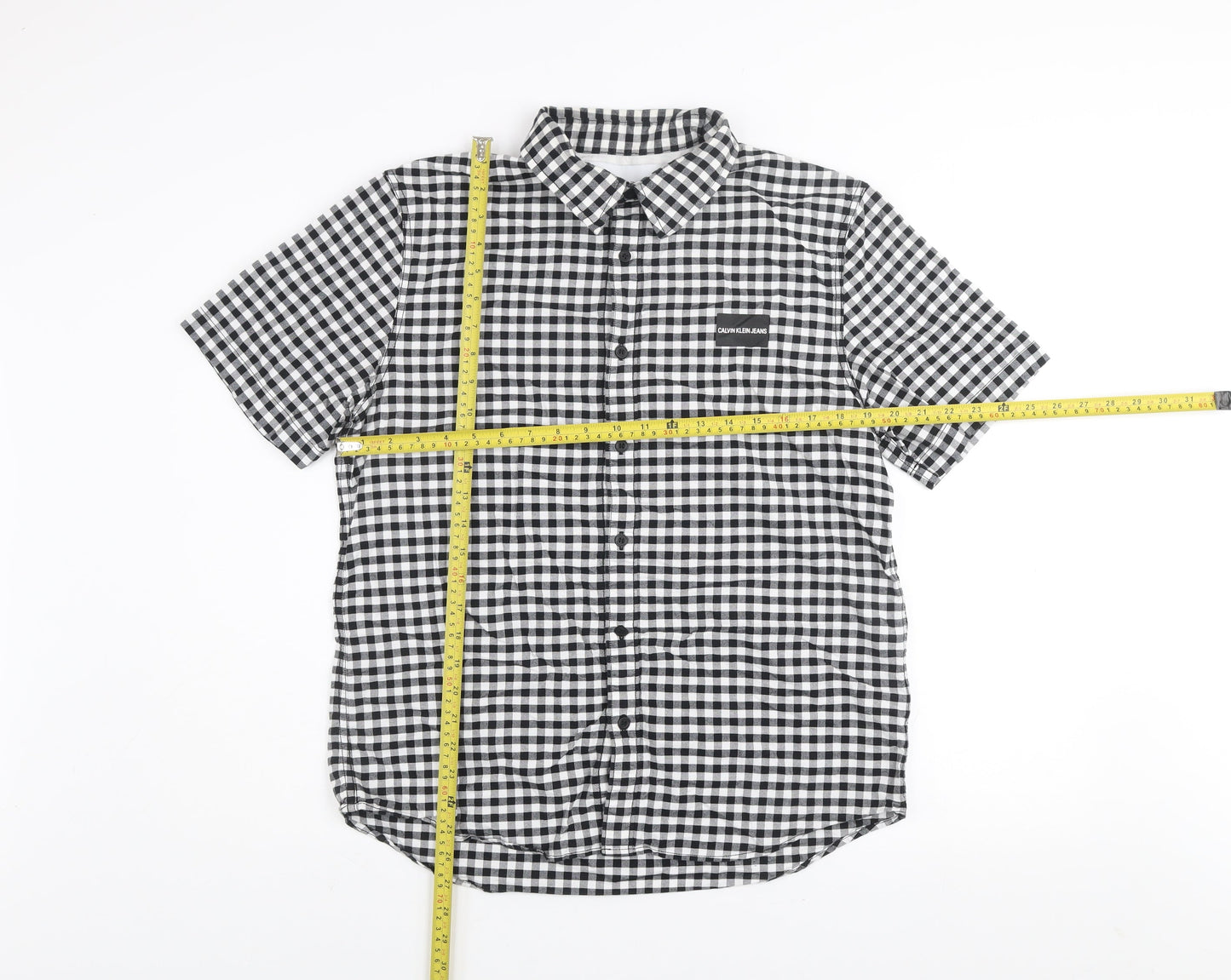 Calvin Klein Jeans Men's Black & White Check Short Sleeve Regular Fit Shirt Size L