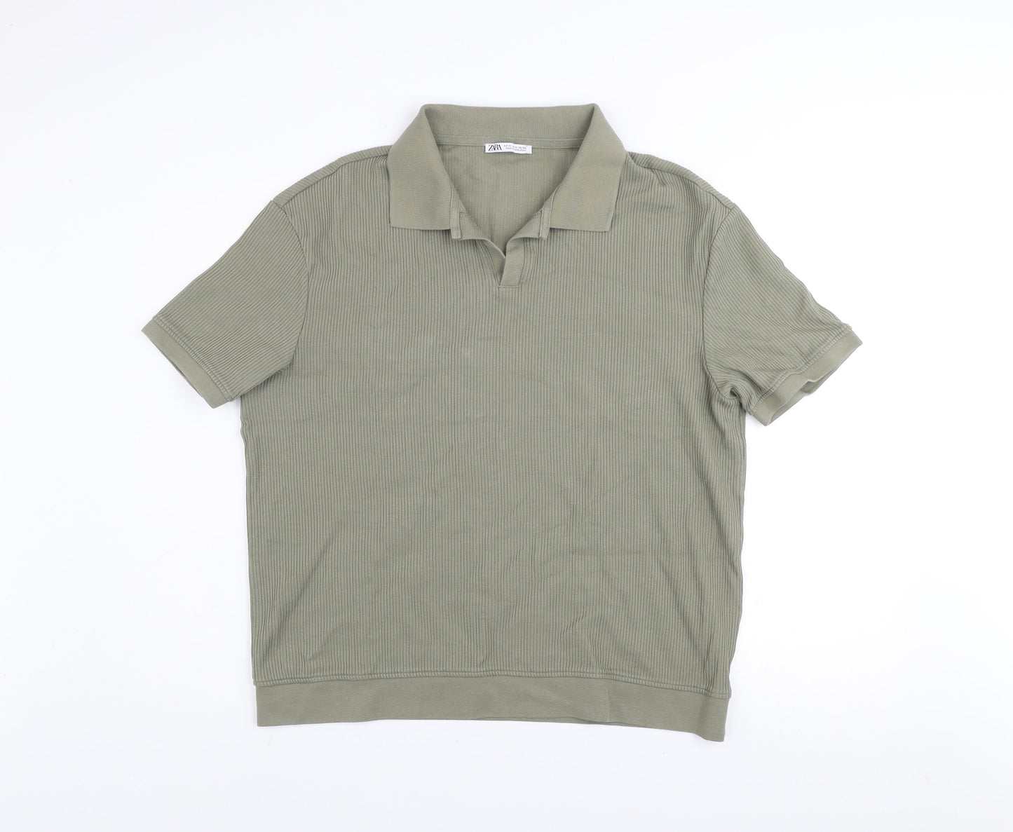 Zara Men’s Khaki Cotton Short Sleeve Collared Polo Shirt XL
