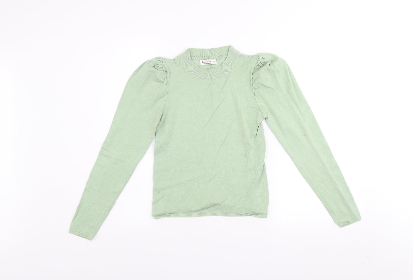 Stradivarius Women’s Green High Neck Puff Sleeve Knit Jumper Size 8