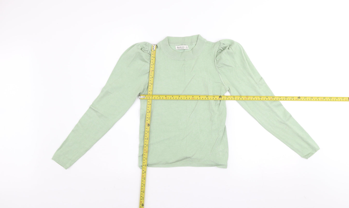 Stradivarius Women’s Green High Neck Puff Sleeve Knit Jumper Size 8
