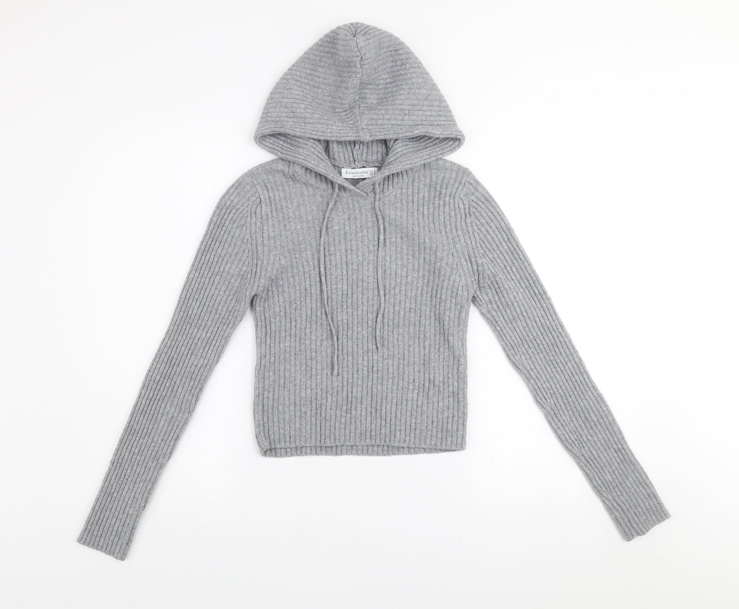Stradivarius Womens Grey Ribbed Knit Pullover Hoodie Size S