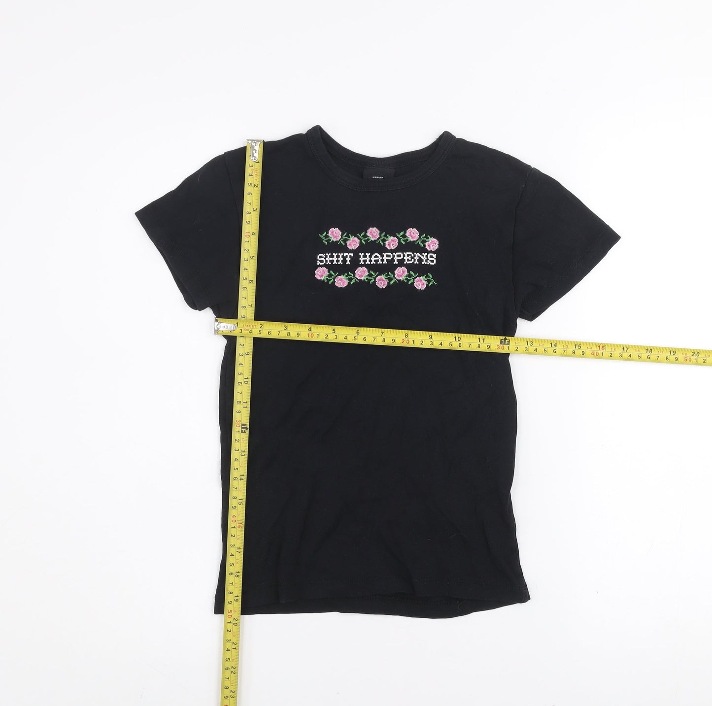 Urban Outfitters Womens Black S Embroidered Funny Cotton T-Shirt