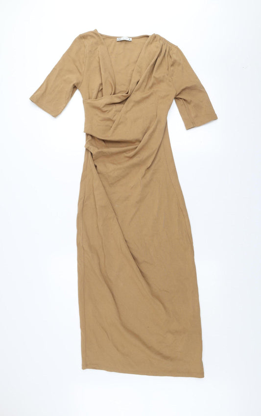 ZARA Women Brown Long Bodycon Cowl Neck Jersey Dress Size M