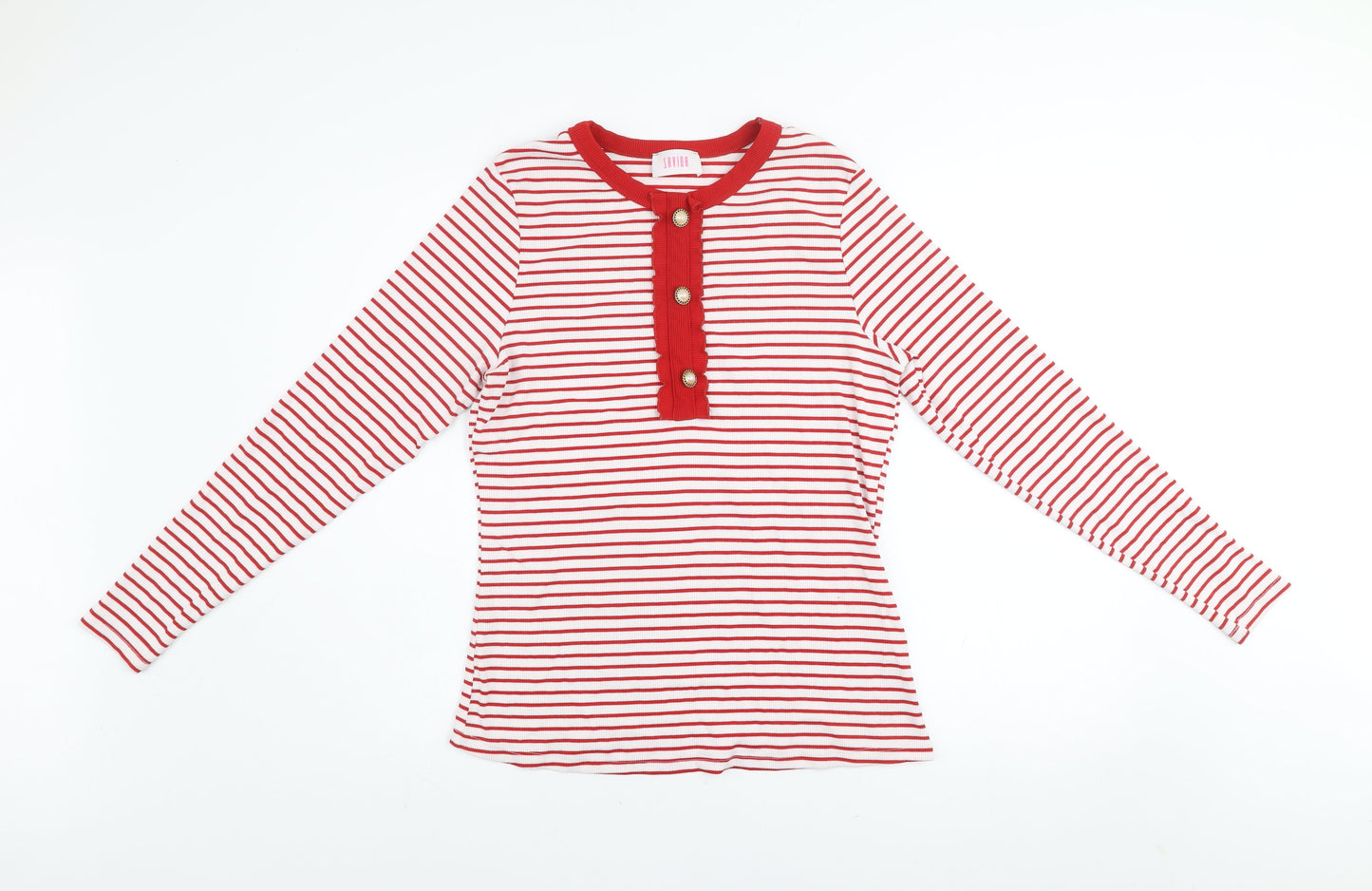 Savida Women Red Striped Long Sleeve Crew Neck Button Jersey Top Size 16