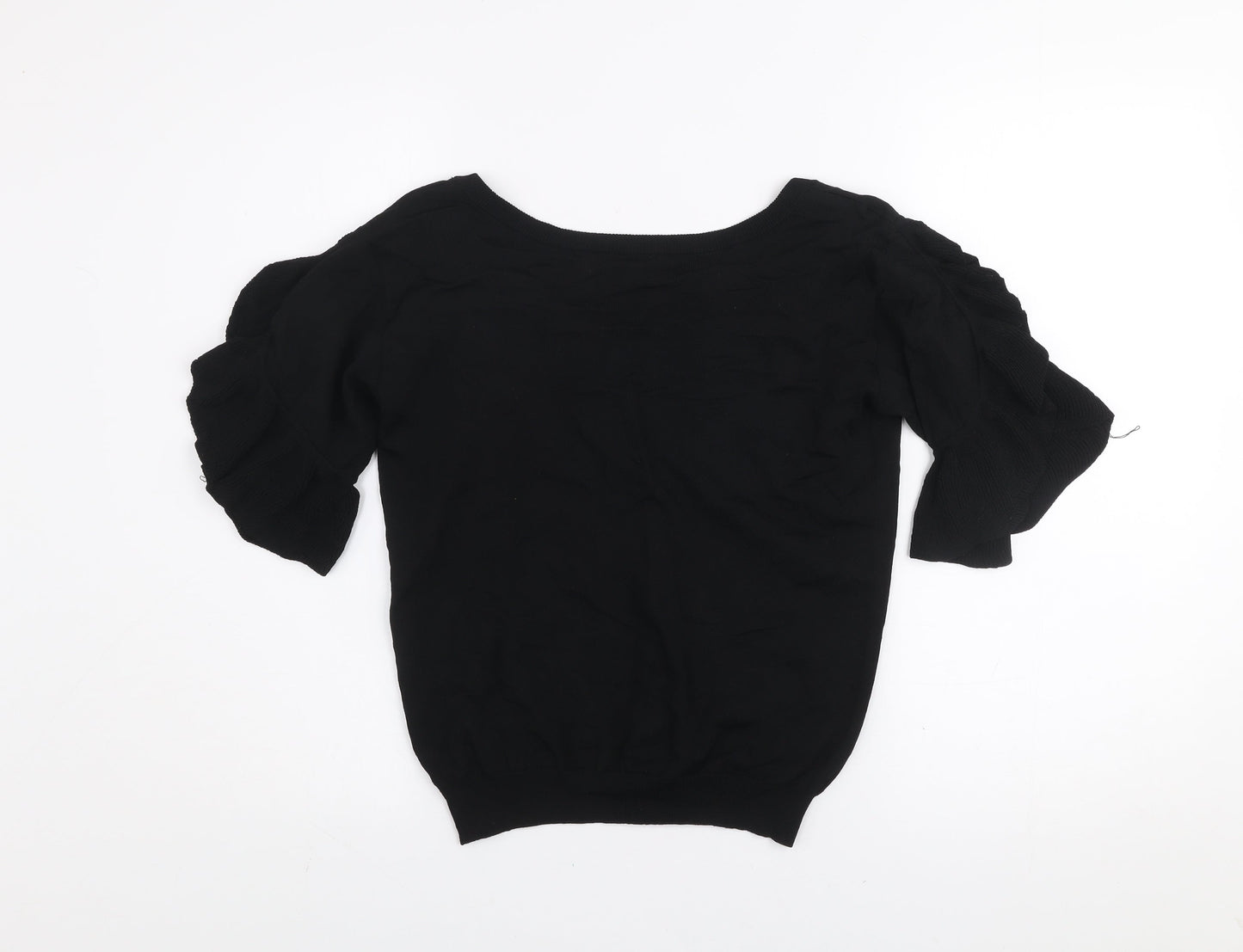 Next Women's Black Ruffle Puff Sleeve Knit Blouse Size 8