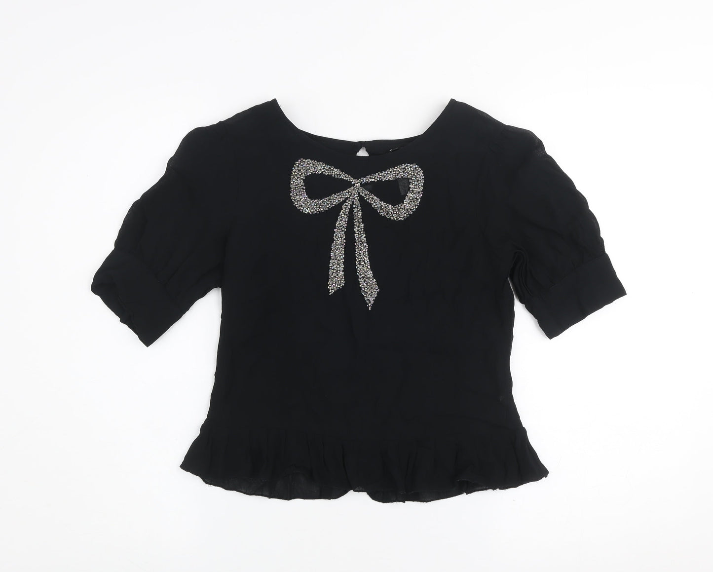 Next Women's Black Beaded Bow Short Sleeve Tunic Blouse Size 8