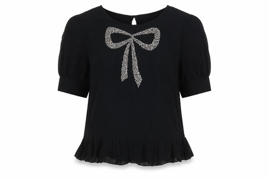 Next Women's Black Beaded Bow Short Sleeve Tunic Blouse Size 8