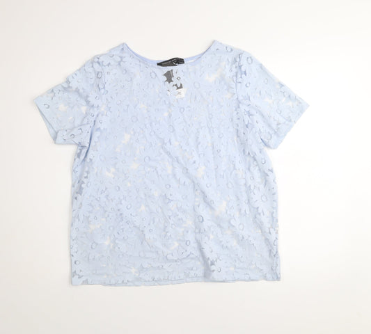 Dorothy Perkins Women Blue Floral Lace Short Sleeve T-Shirt UK 14