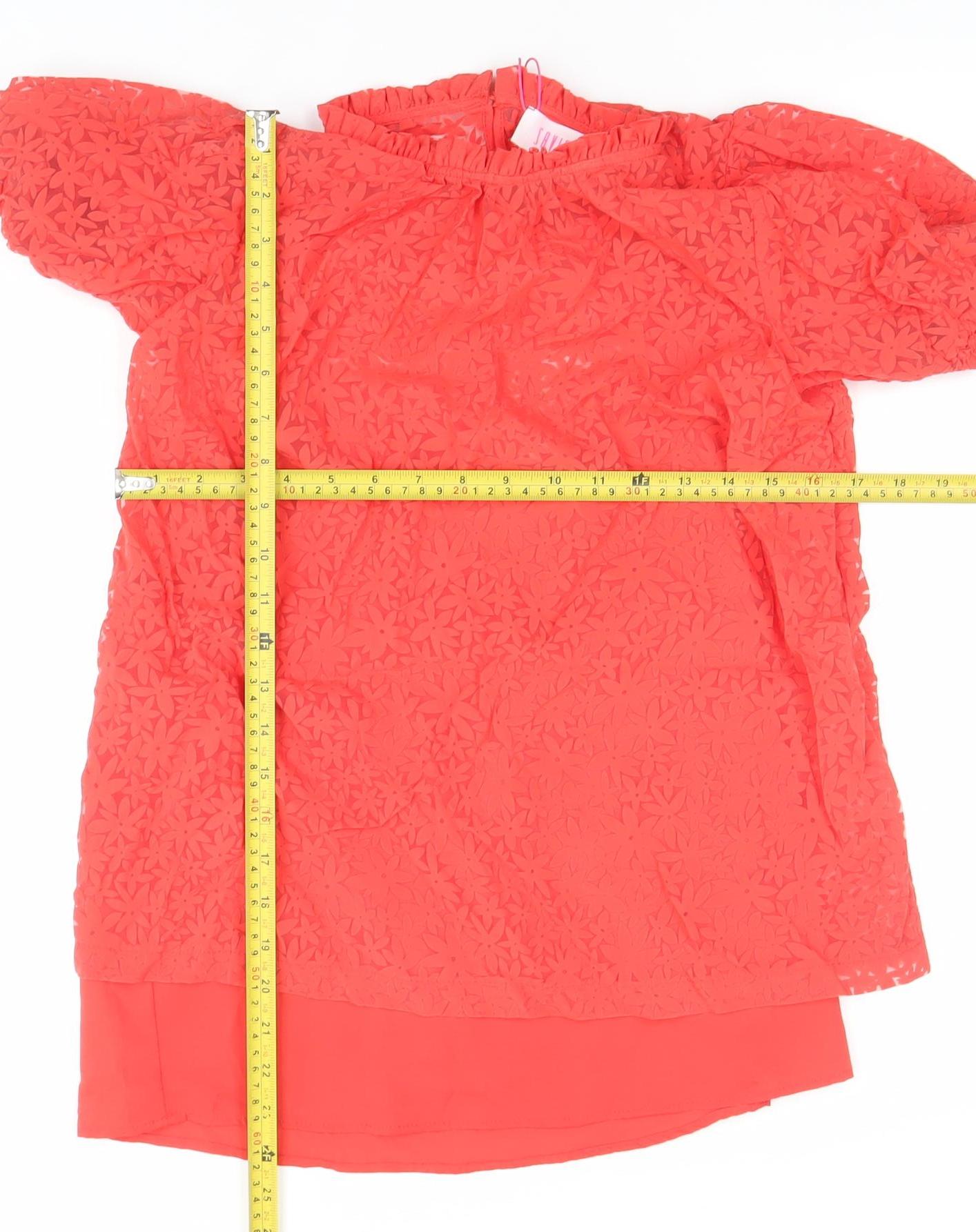 Savida Women Red Lace Puff Sleeve Tunic Blouse XS