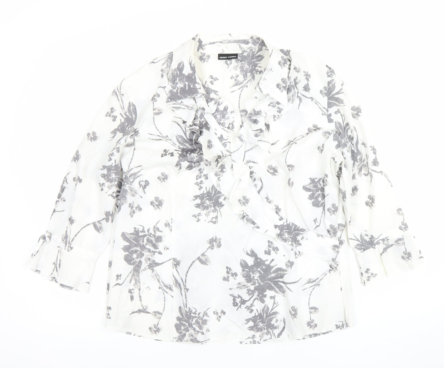 Gerry Weber Women's White Floral Ruffle 3/4 Sleeve Wrap Blouse Size 14