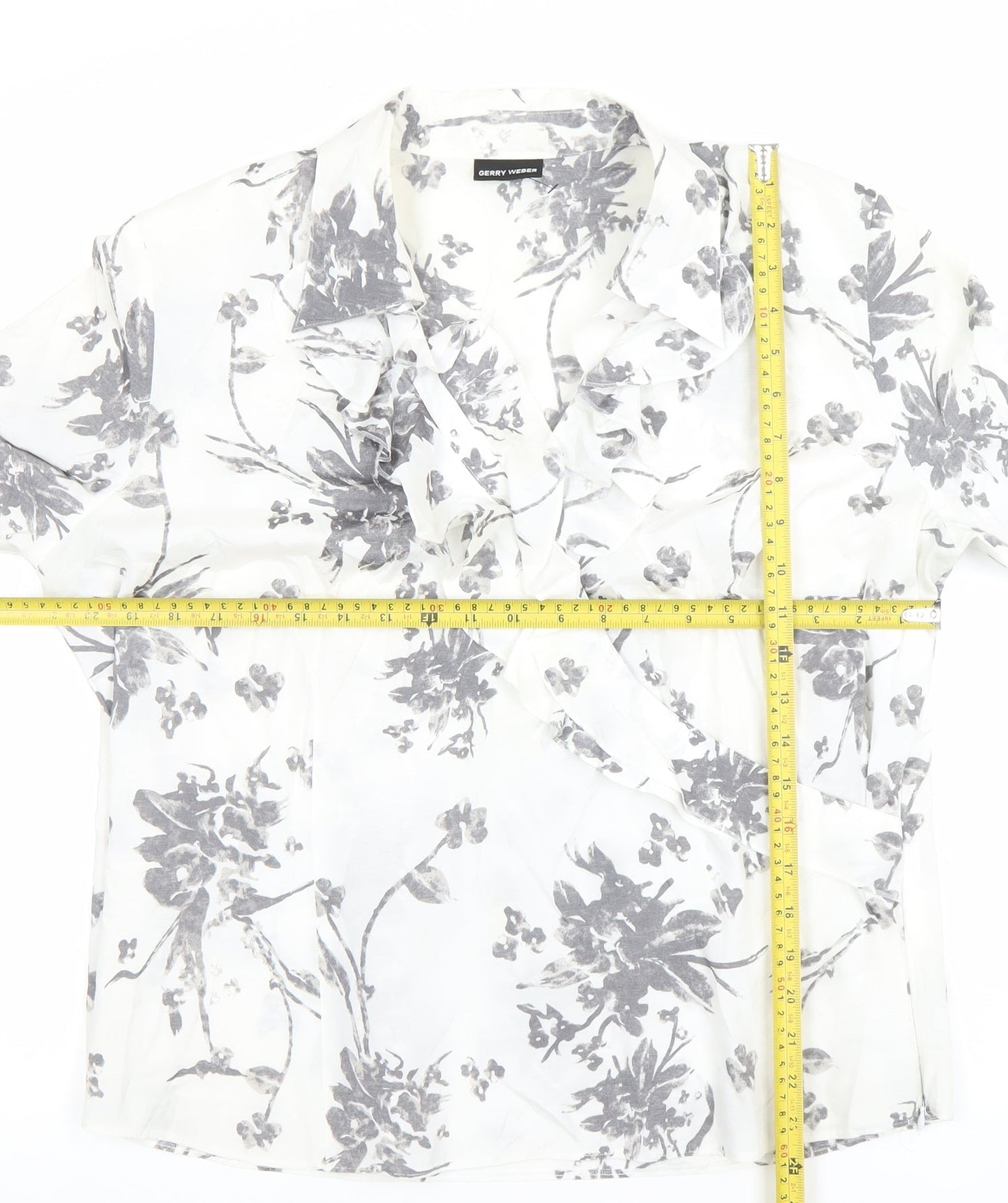 Gerry Weber Women's White Floral Ruffle 3/4 Sleeve Wrap Blouse Size 14