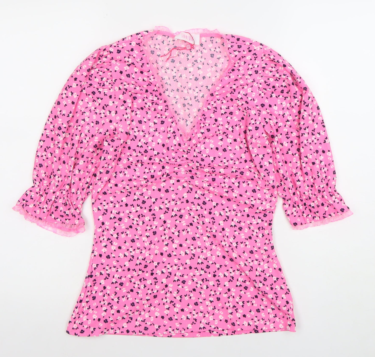 Savida Womens Pink Floral Puff Sleeve V-Neck Tunic Blouse Size 8