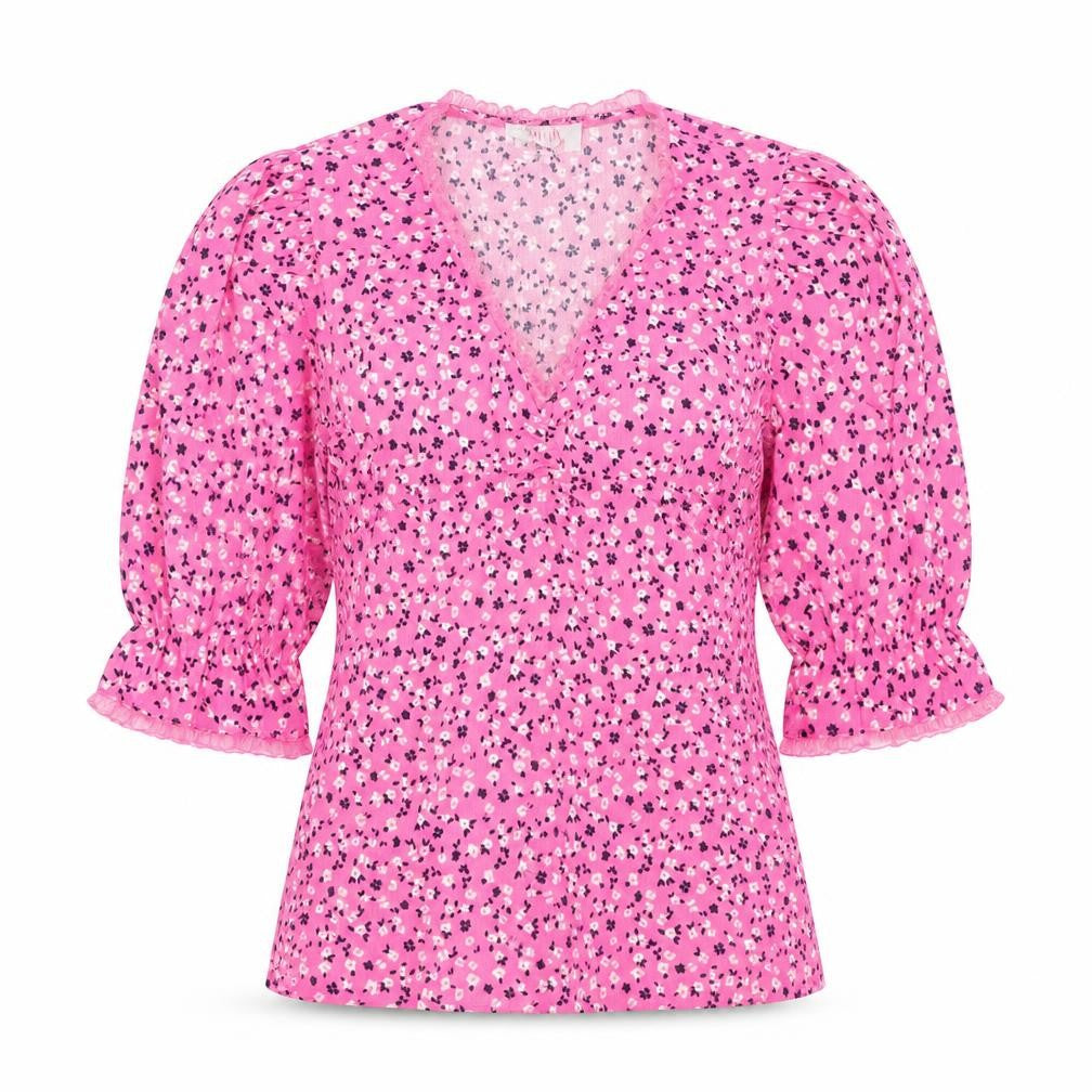 Savida Womens Pink Floral Puff Sleeve V-Neck Tunic Blouse Size 8