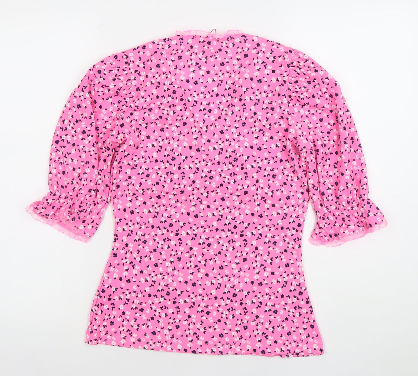 Savida Womens Pink Floral Puff Sleeve V-Neck Tunic Blouse Size 8