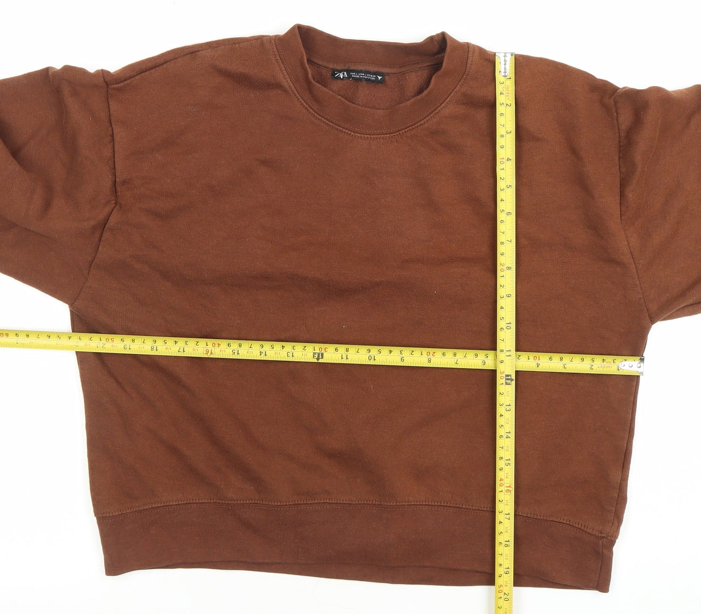 Zara Women Brown Pullover Sweatshirt Size L Crew Neck Cotton Blend