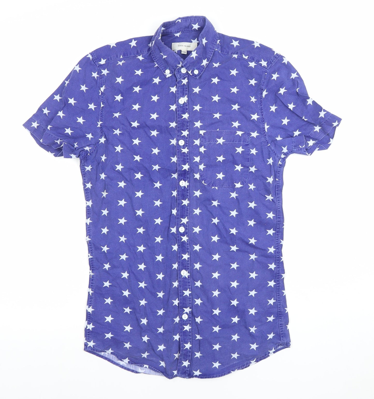 River Island Men's Blue Star Print Short Sleeve Slim Fit Button-Up Shirt XS