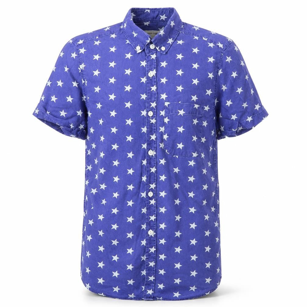 River Island Men's Blue Star Print Short Sleeve Slim Fit Button-Up Shirt XS