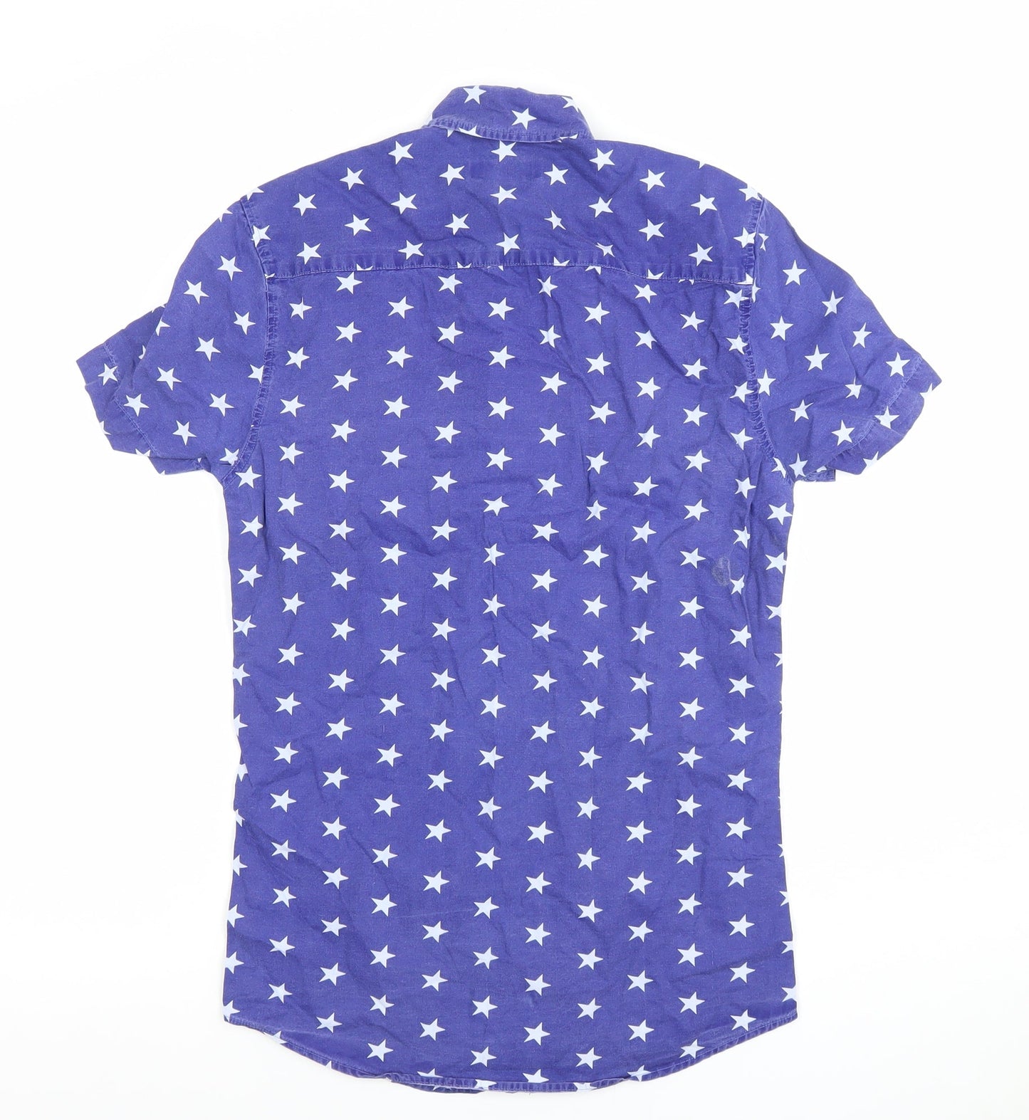 River Island Men's Blue Star Print Short Sleeve Slim Fit Button-Up Shirt XS