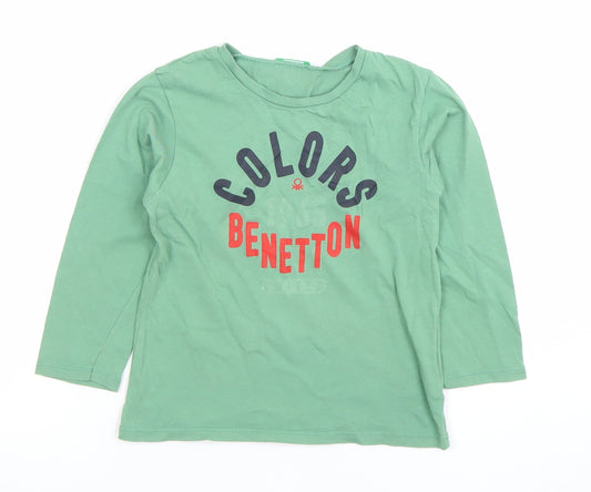 Benetton Boys Green Long Sleeve Cotton T-Shirt 4-5 Years Casual Crew Neck