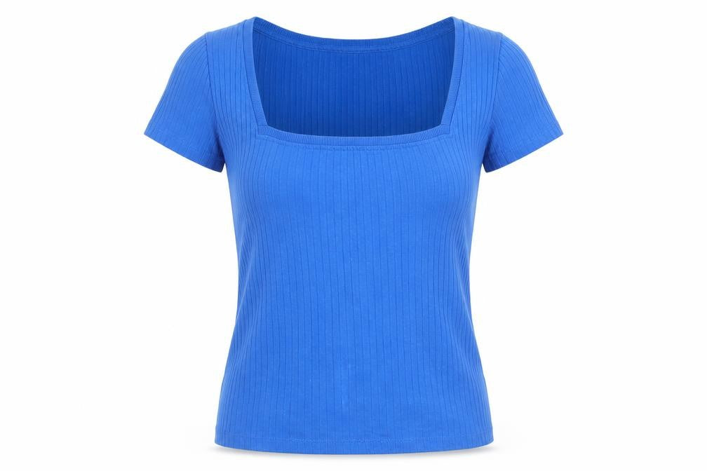 Zara Women Blue Ribbed Short Sleeve Square Neck T-Shirt Size S