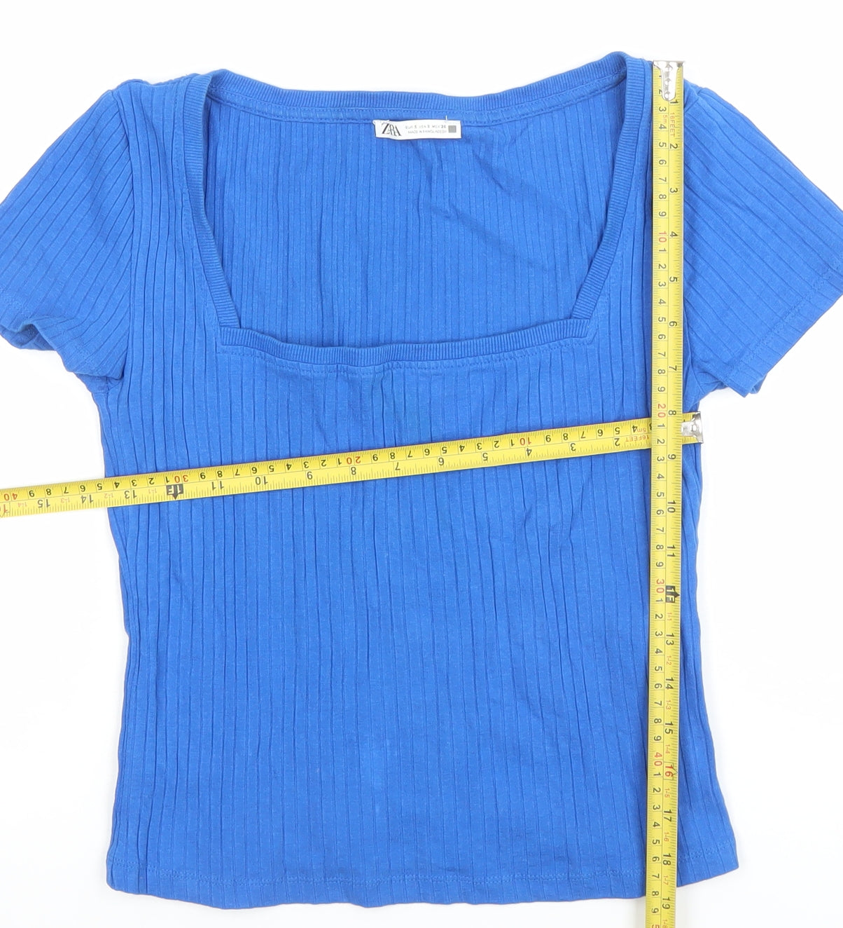 Zara Women Blue Ribbed Short Sleeve Square Neck T-Shirt Size S