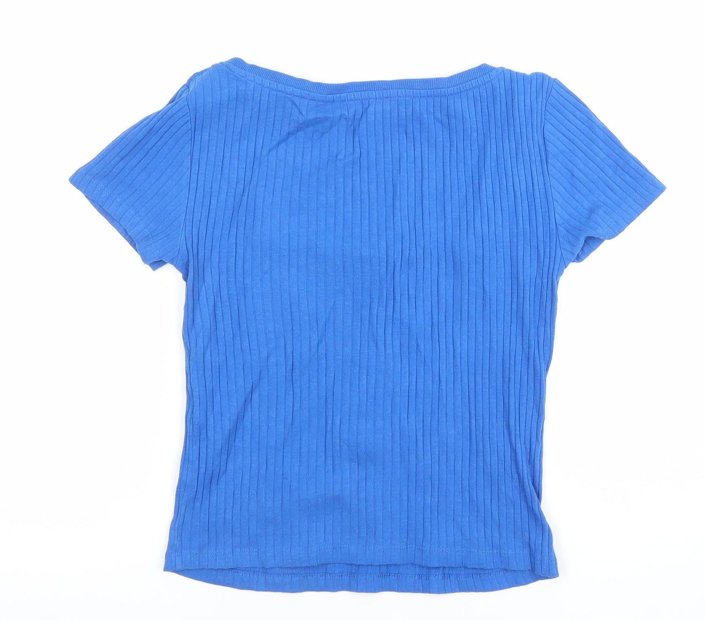 Zara Women Blue Ribbed Short Sleeve Square Neck T-Shirt Size S