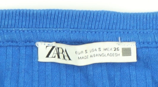 Zara Women Blue Ribbed Short Sleeve Square Neck T-Shirt Size S
